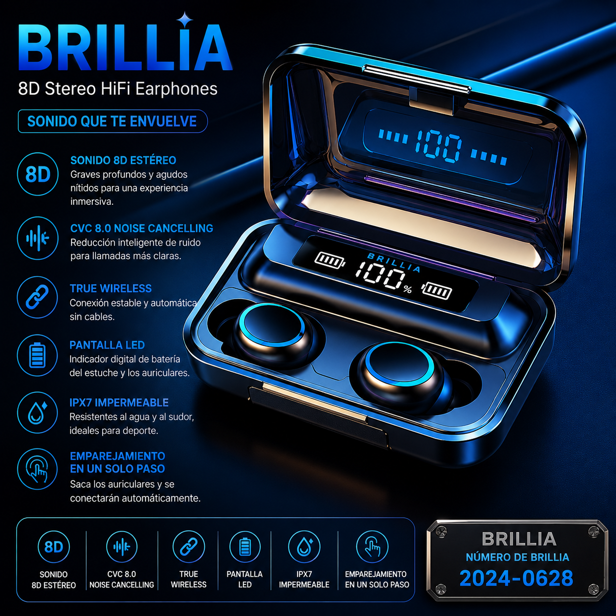 Auriculares inalámbricos deportivo control táctil con pantalla LED