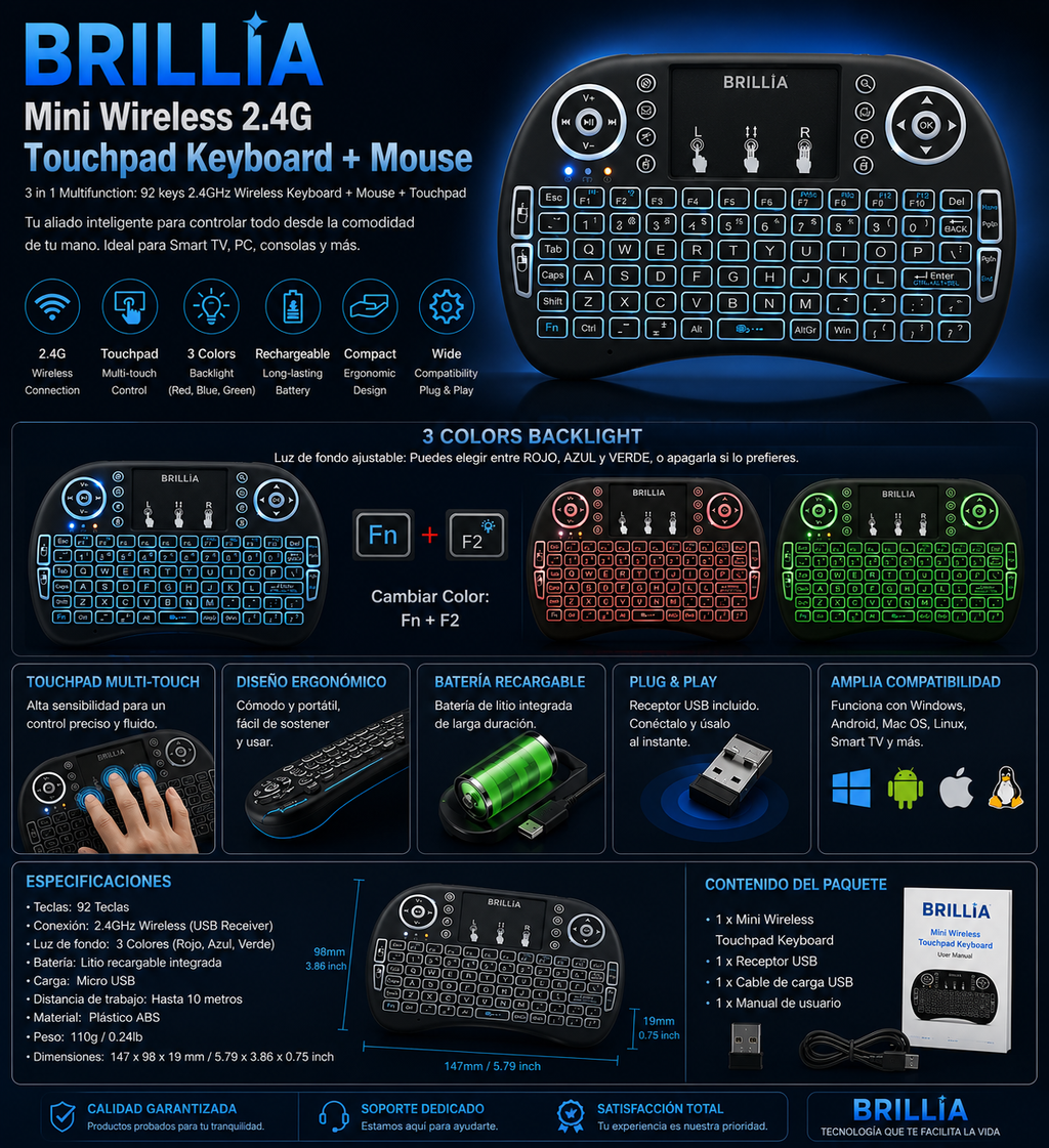 Mini teclado inalámbrico con ratón Touchpad retroiluminación LED